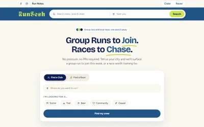 RunSesh homepage with a search form for finding running clubs and races by location