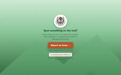 Trail Watch app start screen with the Yavapai Trails Association logo and a Report an Issue button